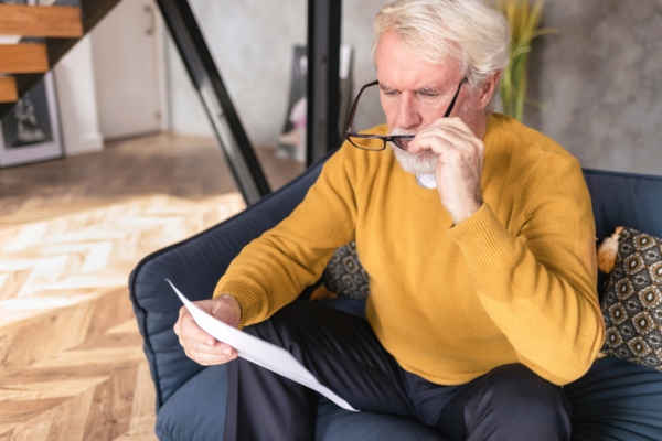 senior man sitting on the couch while looking at utility bill