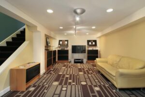 living room set up on a basement