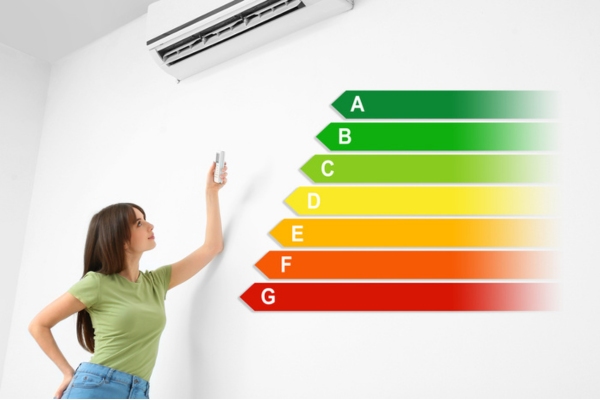 woman turning on ductless HVAC with energy efficiency meter below