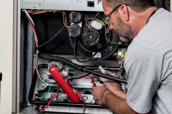 HVAC technician tending to a furnace