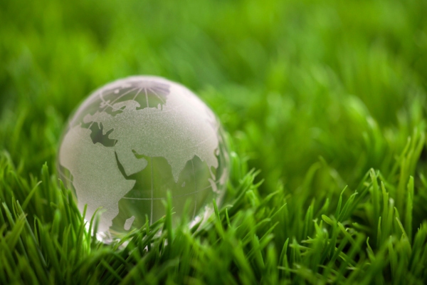 crystal globe on green grass depicting Environmental Advantages of High-Efficiency Heating Systems
