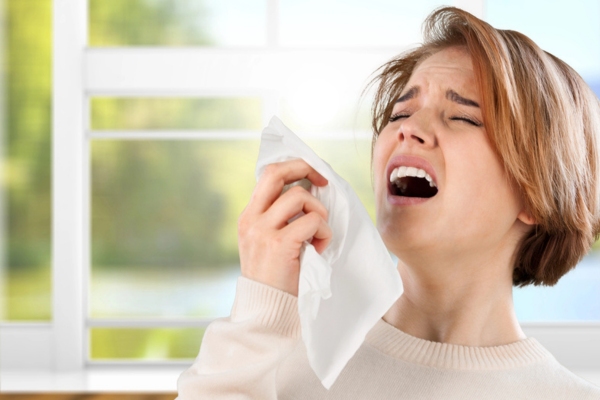 woman about to sneeze on tissue paper due to allergies