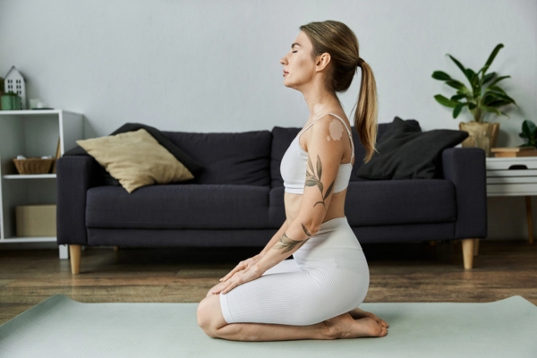 woman meditates indoors depicting good indoor air quality