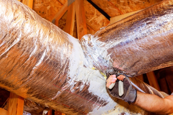 worker sealing air leaks on the HVAC duct system